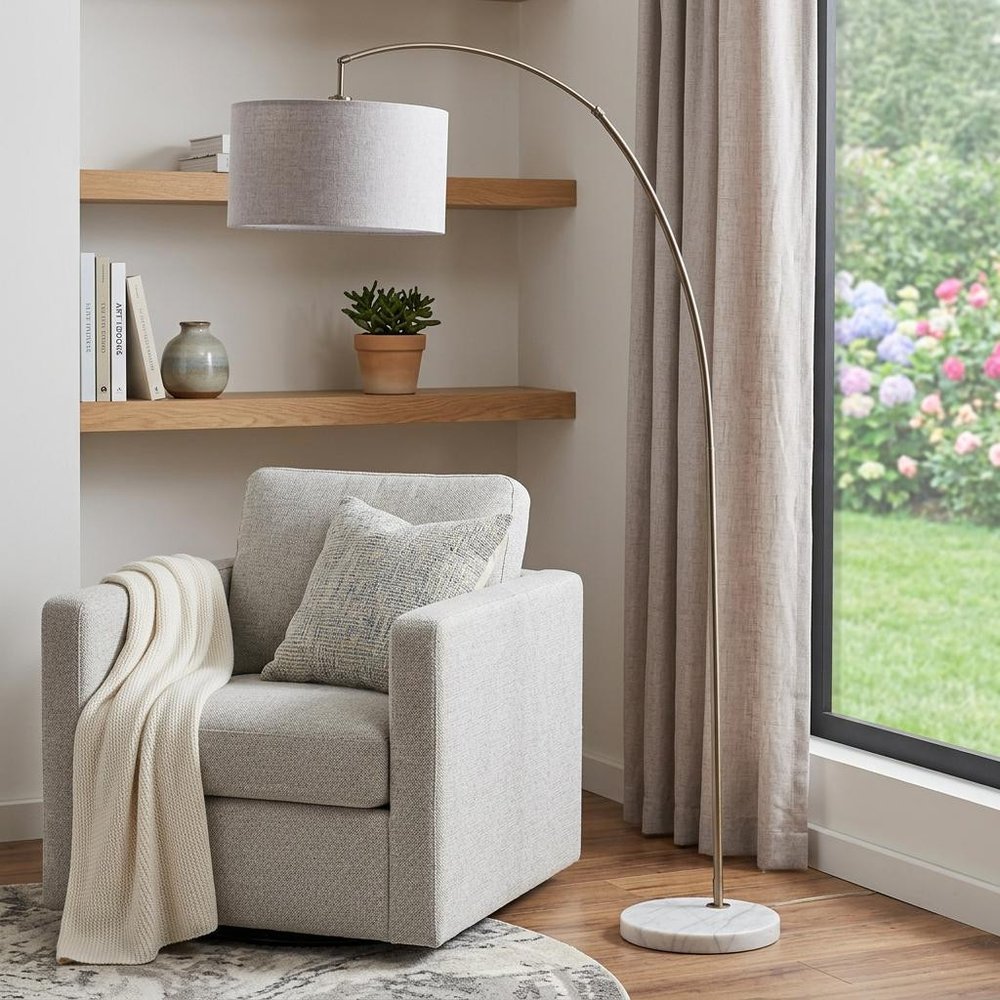 86" Beige And Antique Gold Arched Floor Lamp With Gray Drum Shade