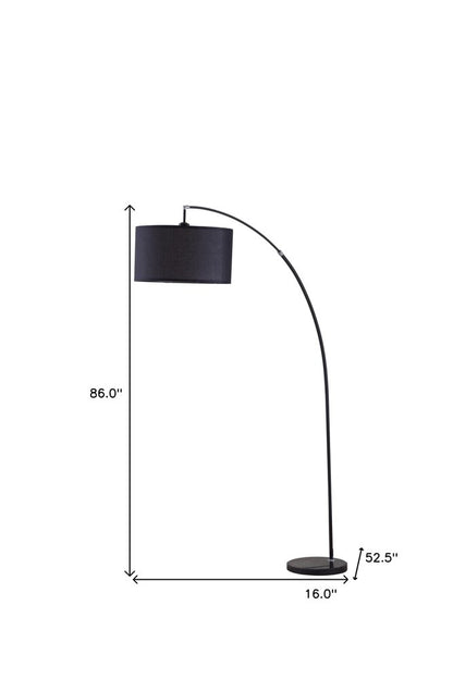86" Black Metal Arc Floor Lamp With Black Fabric Drum Shade