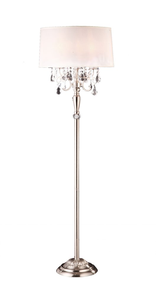 62" Silver Three Light Candelabra Floor Lamp With White Fabric Drum Shade