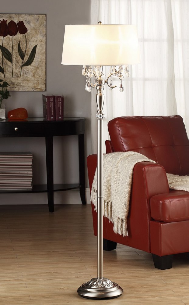 62" Silver Three Light Candelabra Floor Lamp With White Fabric Drum Shade