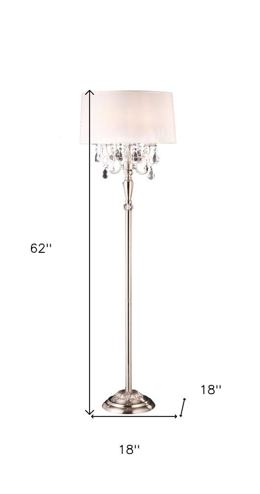 62" Silver Three Light Candelabra Floor Lamp With White Fabric Drum Shade