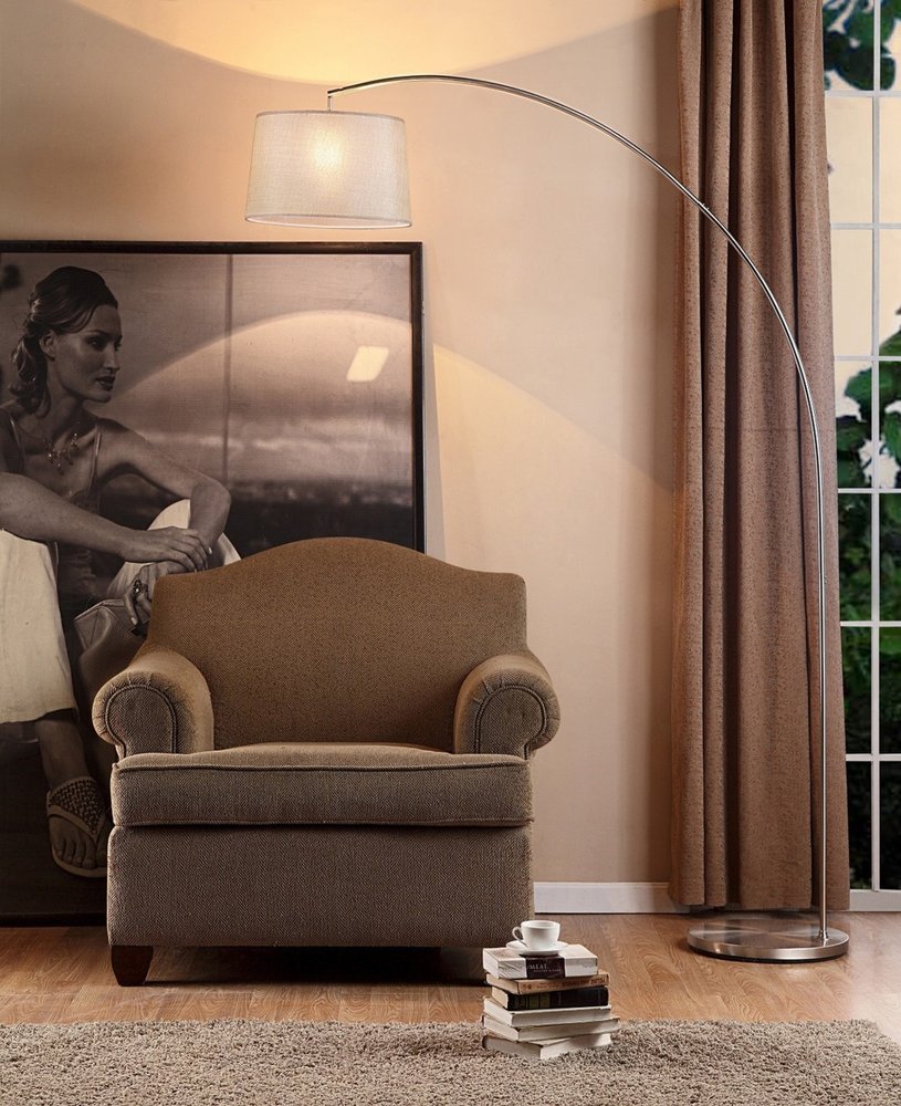 85" Silver Adjustable Arched Floor Lamp With White Fabric Drum Shade