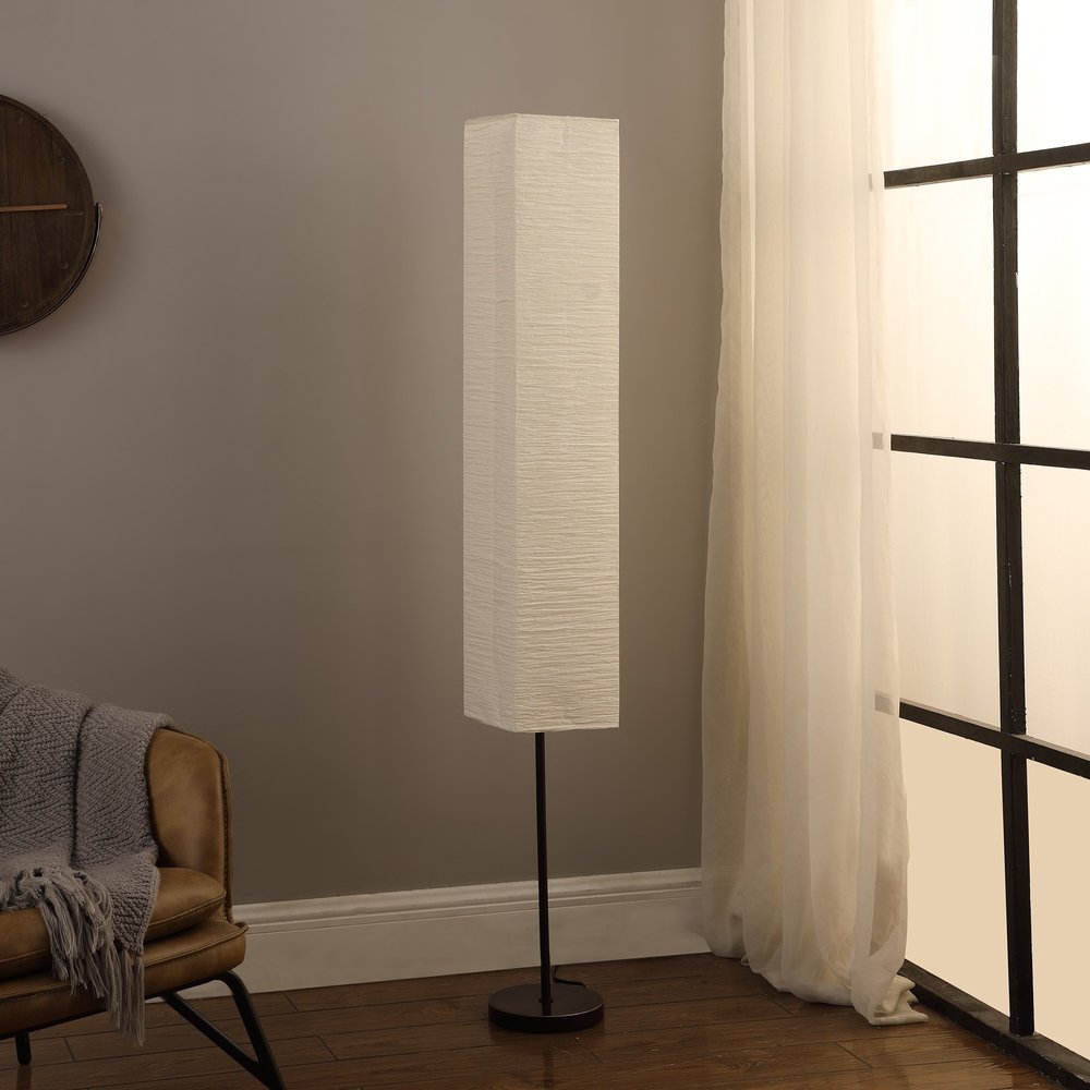 63" Black And Off White Column Floor Lamp With Off White Paper Rectangular Shade