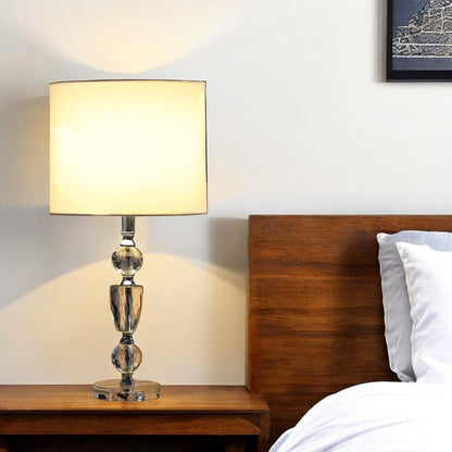 24" Clear And Silver Faux Crystal And Metal Table Lamp With White Drum Shade