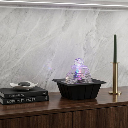 8" Clear Polyresin Ice Design Tabletop Fountain With LED