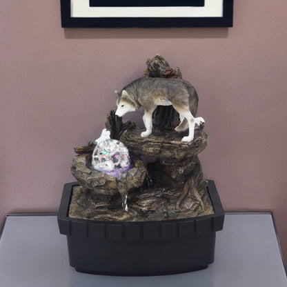 10" Black Polyresin Wolf Tabletop Fountain Sculpture