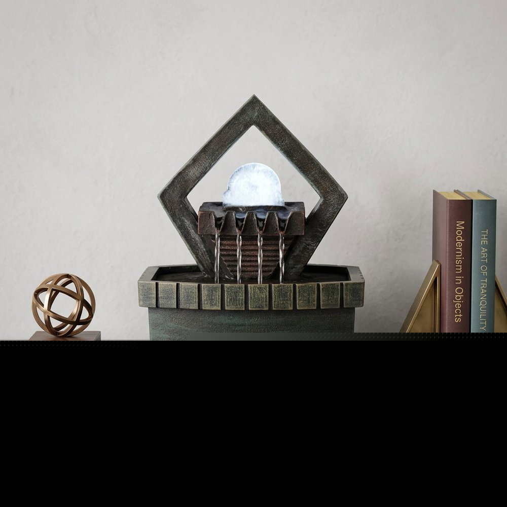 10" Brown Polyresin Geo and Pebbles Tabletop Fountain with LED Light