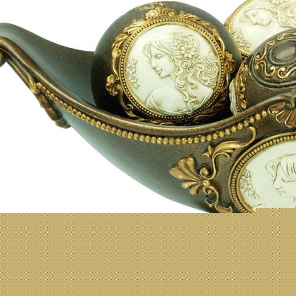 8" Bronze Polyresin Classical Greek Decorative Bowl With Orbs