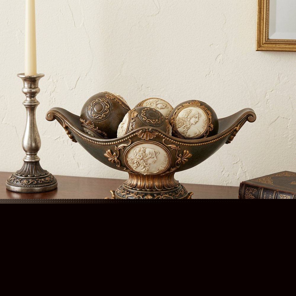 8" Bronze Polyresin Classical Greek Decorative Bowl With Orbs