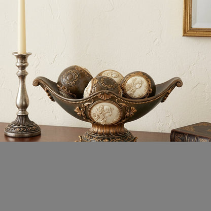 8" Bronze Polyresin Classical Greek Decorative Bowl With Orbs