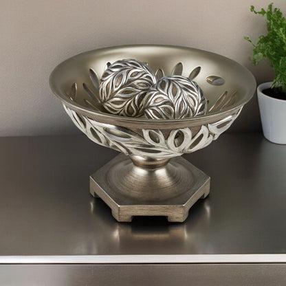 13" Brushed Silver Leaf Polyresin Decorative Pedestal Bowl with Orbs
