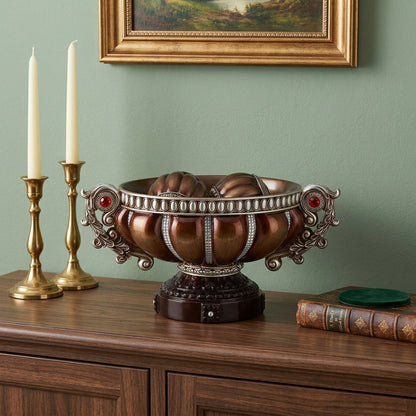 9" Reddish Bronze And Silver Polyresin Decorative Bowl With Orbs