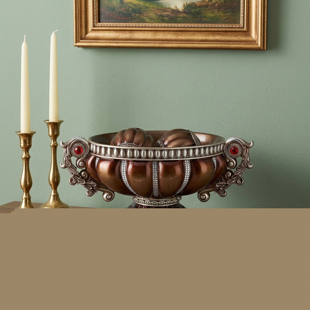 9" Reddish Bronze And Silver Polyresin Decorative Bowl With Orbs