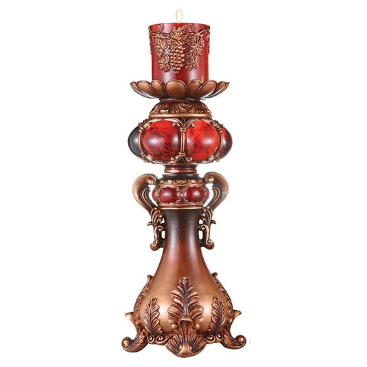 20" Bronze Brown And Red Floral Polyresin Tabletop Pillar Candle Holder With Candle