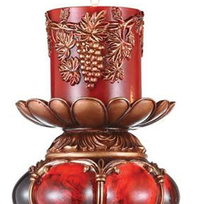 20" Bronze Brown And Red Floral Polyresin Tabletop Pillar Candle Holder With Candle