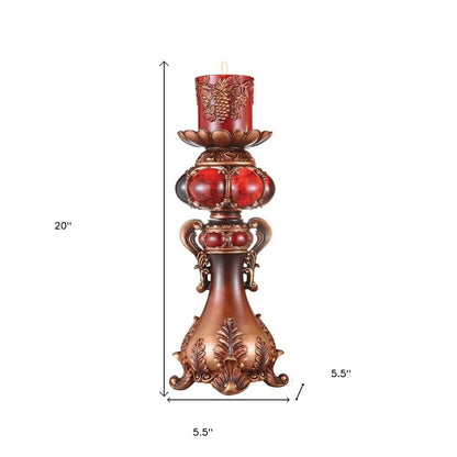 20" Bronze Brown And Red Floral Polyresin Tabletop Pillar Candle Holder With Candle