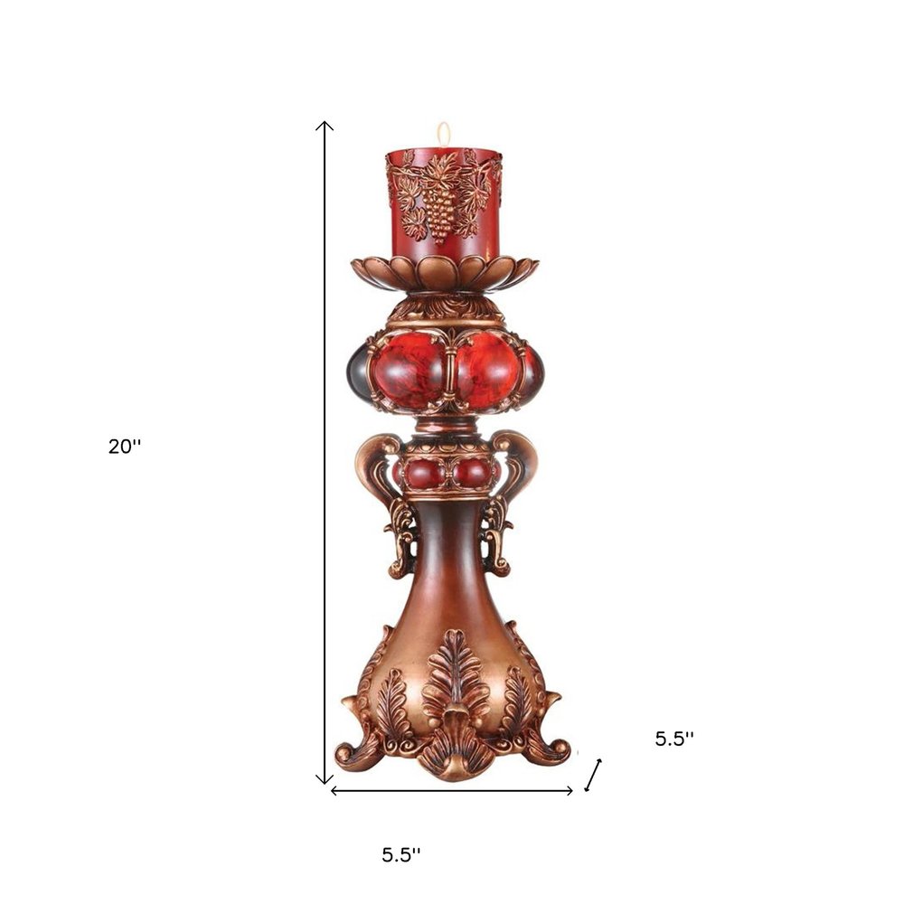 20" Bronze Brown And Red Floral Polyresin Tabletop Pillar Candle Holder With Candle