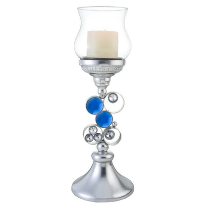 18" Blue Clear And Silver Polyresin Tabletop Hurricane Candle Holder