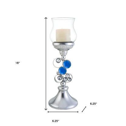18" Blue Clear And Silver Polyresin Tabletop Hurricane Candle Holder