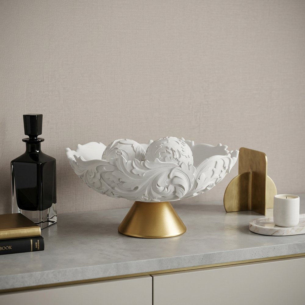 9" Matte Gold And White Polyresin Decorative Bowl With Orbs