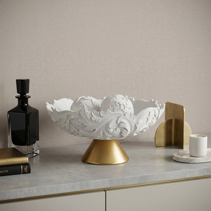 9" Matte Gold And White Polyresin Decorative Bowl With Orbs