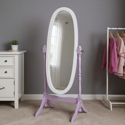59" Purple And White Wood Freestanding Oval Framed Cheval Mirror