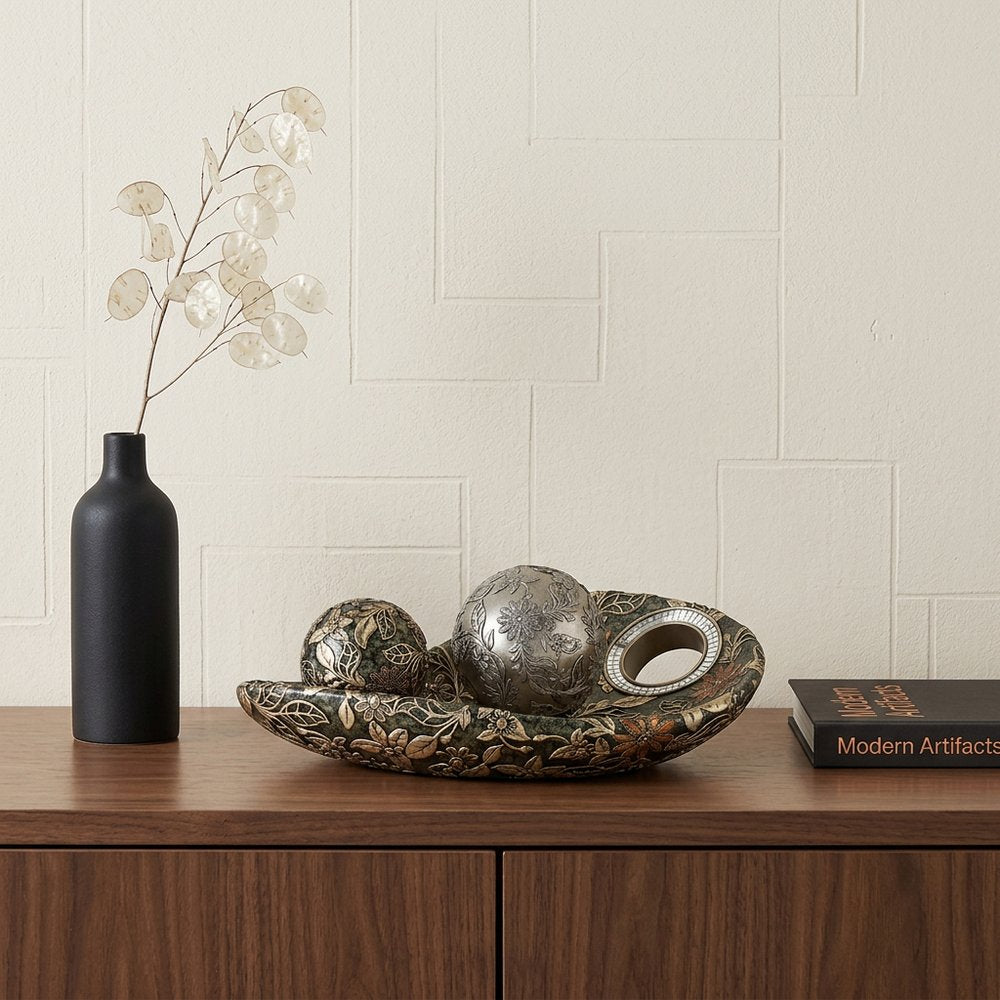 8" Green Silver And Gold Polyresin Decorative Bowl With Orbs