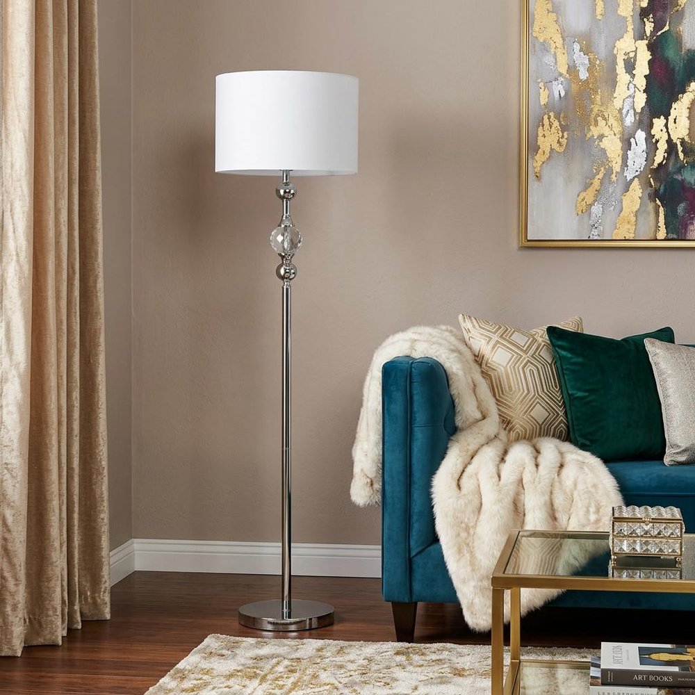 63" Chrome and Crystal Orb Shaped Floor Lamp With White Drum Shade