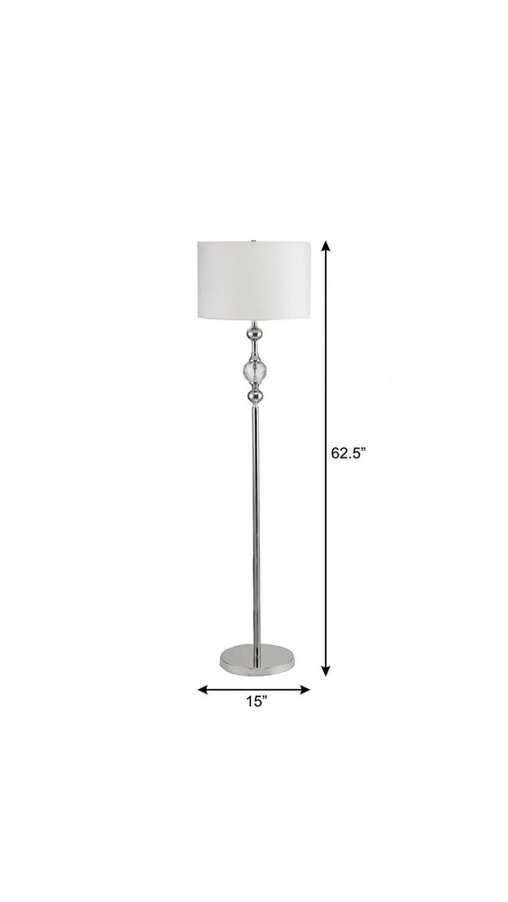 63" Chrome and Crystal Orb Shaped Floor Lamp With White Drum Shade