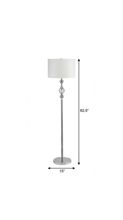 63" Chrome and Crystal Orb Shaped Floor Lamp With White Drum Shade