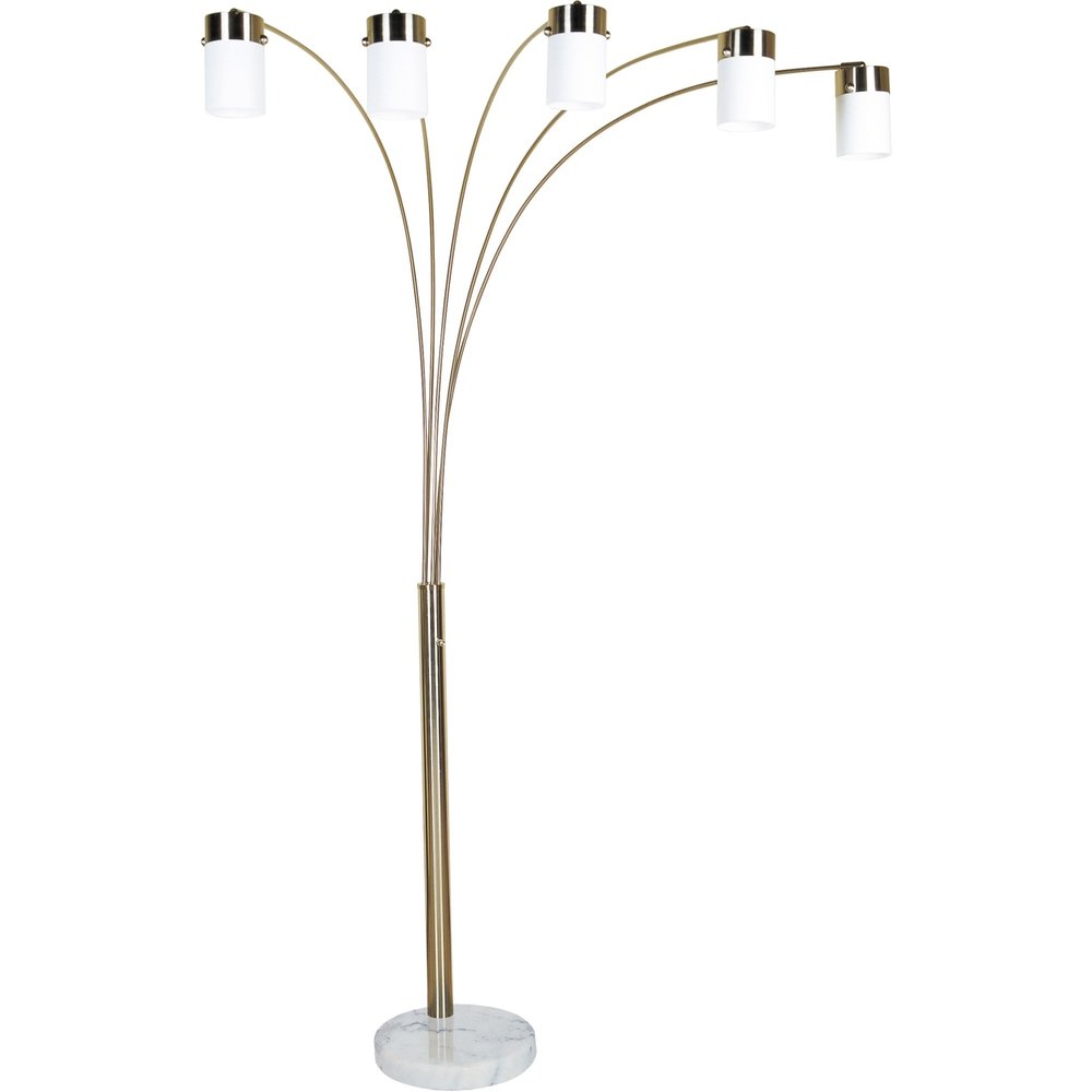 84" Gold And White Five Light Arched Floor Lamp With White Acrylic Drum Shade