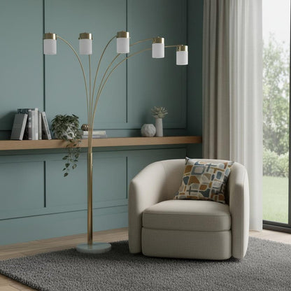 84" Gold And White Five Light Arched Floor Lamp With White Acrylic Drum Shade