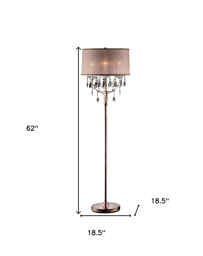 62" Silver Three Light Candelabra Floor Lamp With Pink Fabric Drum Shade
