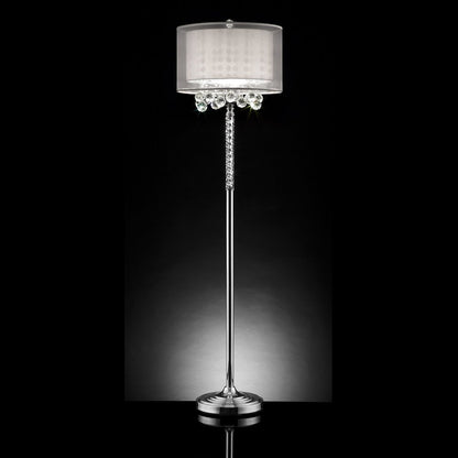 63" Silver Three Light Candelabra Floor Lamp With White Fabric Drum Shade