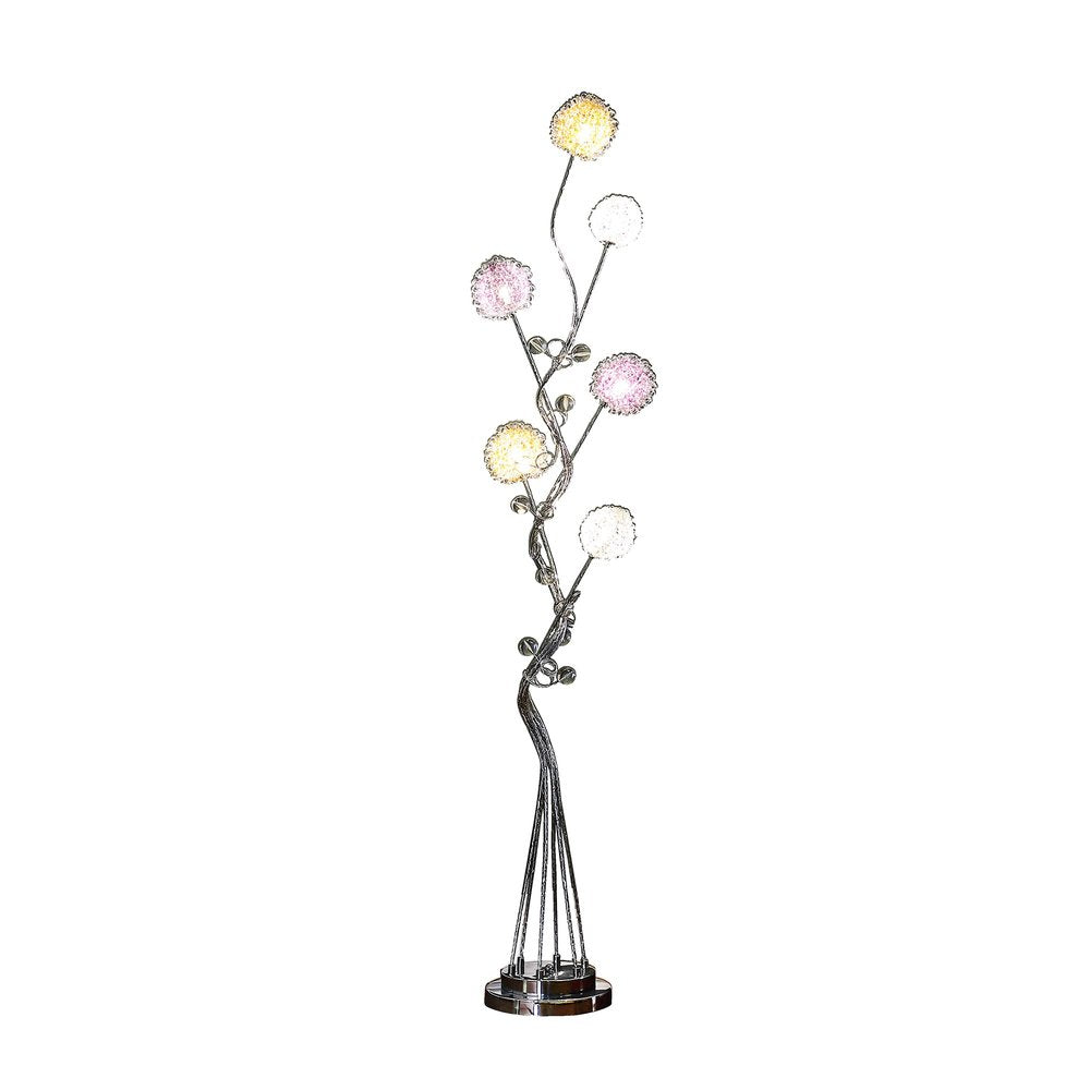 59" Silver Six Light LED Novelty Floor Lamp With Purple And White Metal Novelty Shade