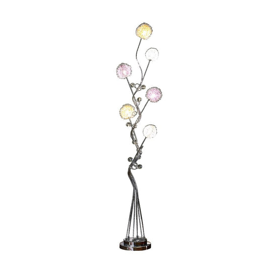 59" Silver Six Light LED Novelty Floor Lamp With Purple And White Metal Novelty Shade