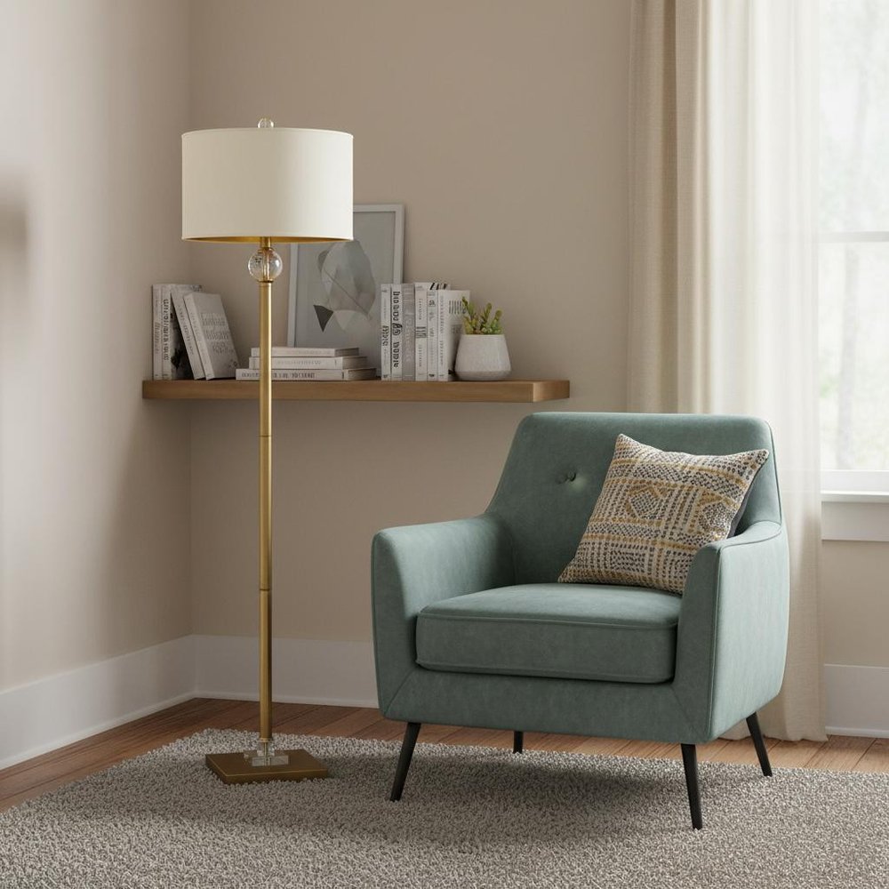 63" Gold Column Floor Lamp With Off White Metal Drum Shade