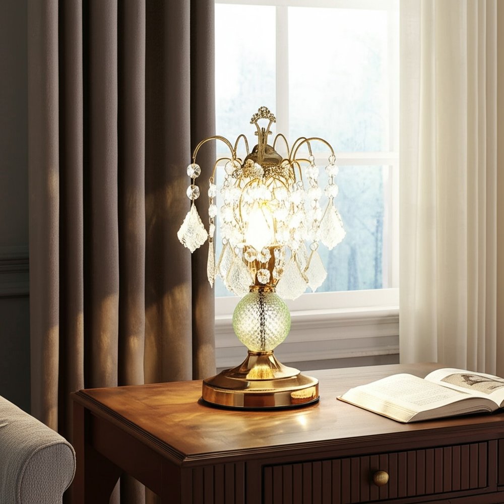 15" Gold And Faux Crystals Chandelier Style Table Lamp