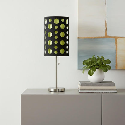 33" Silver Metal Mod Table Lamp With Black And Green Drum Shade