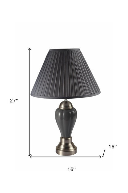 27" Ivory and Silver Ceramic Urn Table Lamp With White Empire Shade