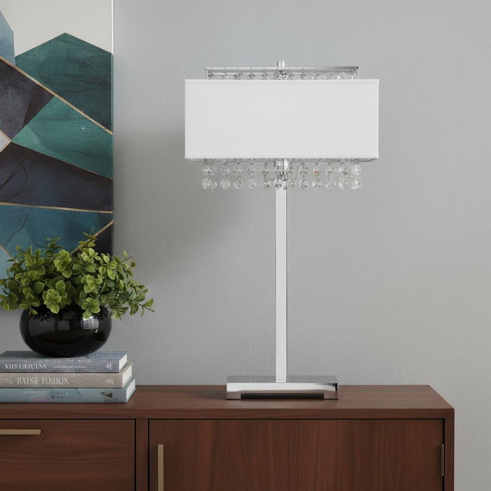28" Silver Table Lamp With Faux Crystals and White Rectangle Shade