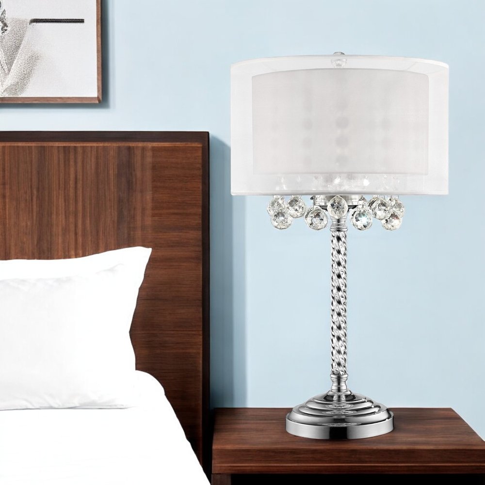 30" Silver Metal And Faux Crystal Three Light Table Lamp With White Drum Shade