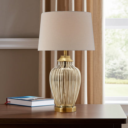 29" Bronze Metal Bedside Table Lamp With Tan Shade