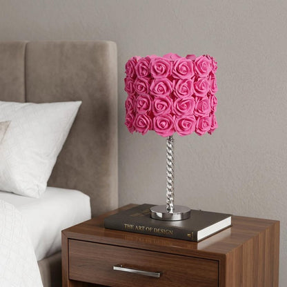 18" Silver Bedside Led Table Lamp With Red Flowers Drum Shade