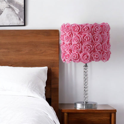 18" Silver Bedside Table Lamp With Yellow Flowers Drum Shade