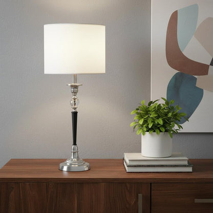 23" Black Chrome and Crystal Table Lamp With White Drum Shade