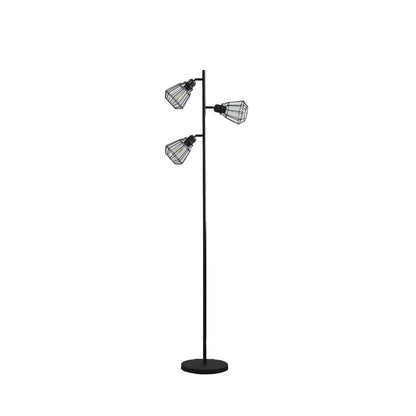 66" Black Metal Three Light Tree Floor Lamp With Black Metal Cage Shade