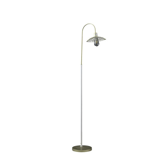 64" Gold And White Arched Floor Lamp With Gold Metal Cage Shade