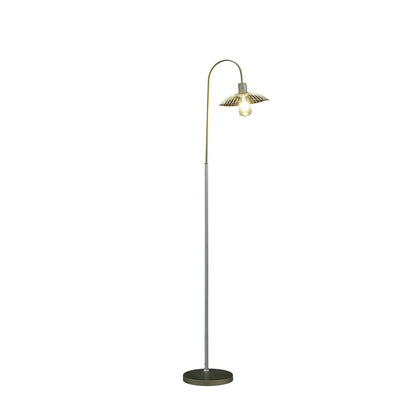 64" Gold And White Arched Floor Lamp With Gold Metal Cage Shade