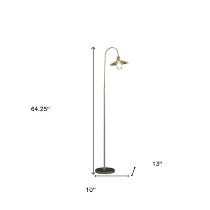64" Gold And White Arched Floor Lamp With Gold Metal Cage Shade